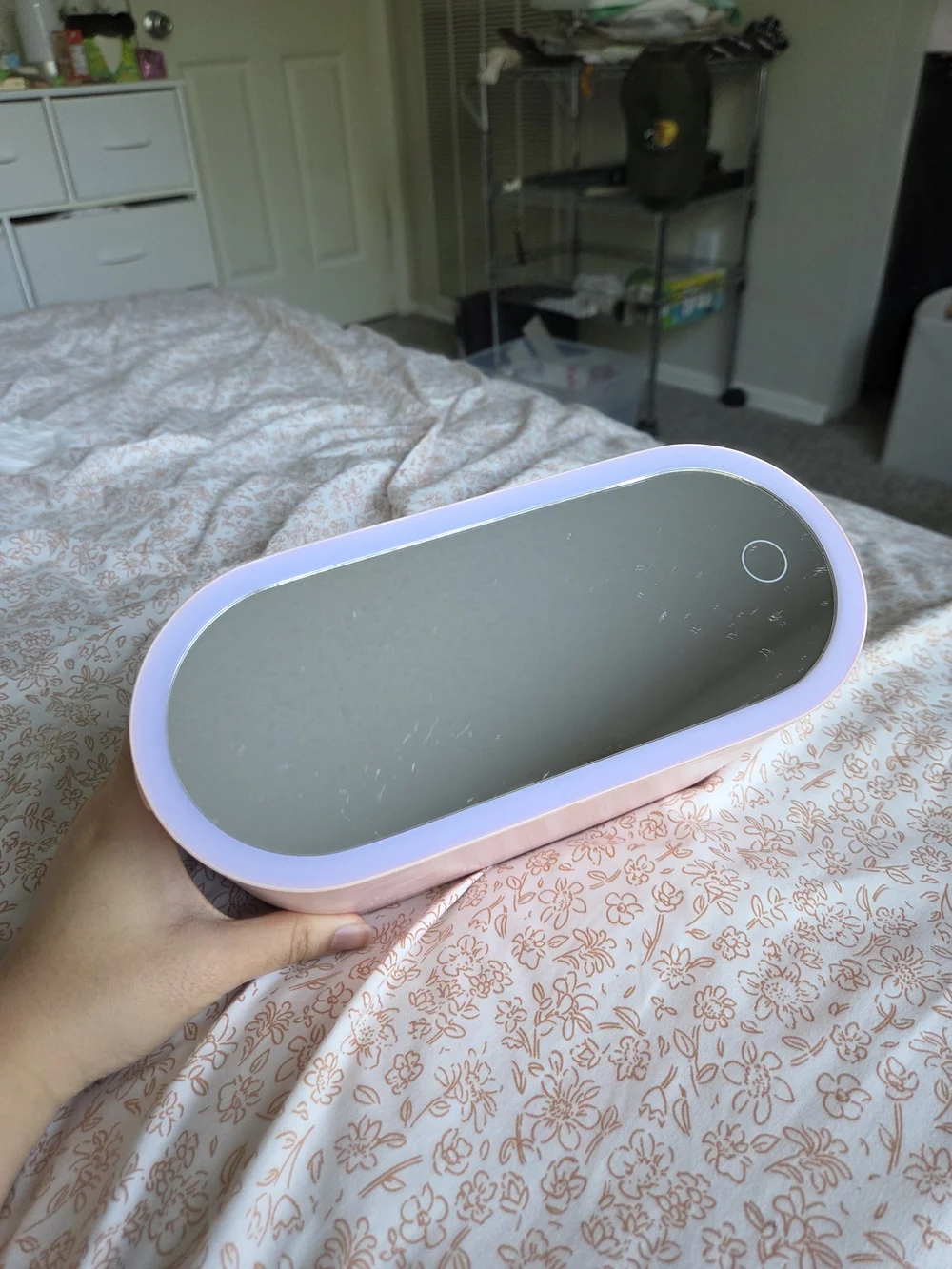 Portable Oval Lighted Makeup Mirror in Soft Pink